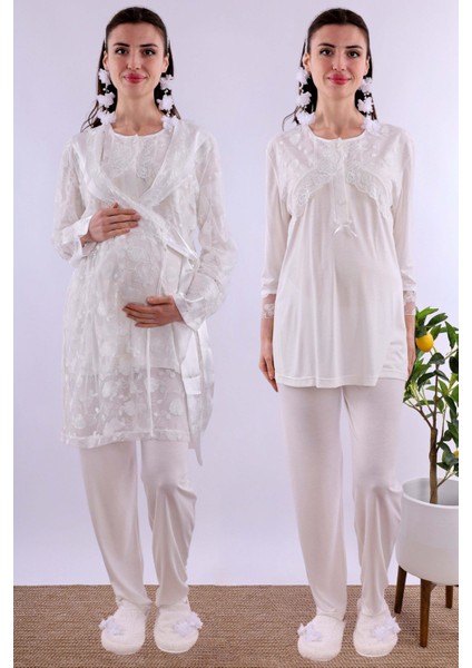 Ekru Dantelli Sabahlık Pijama Takımı BYL211252
