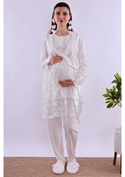 Ekru Dantelli Sabahlık Pijama Takımı BYL211252