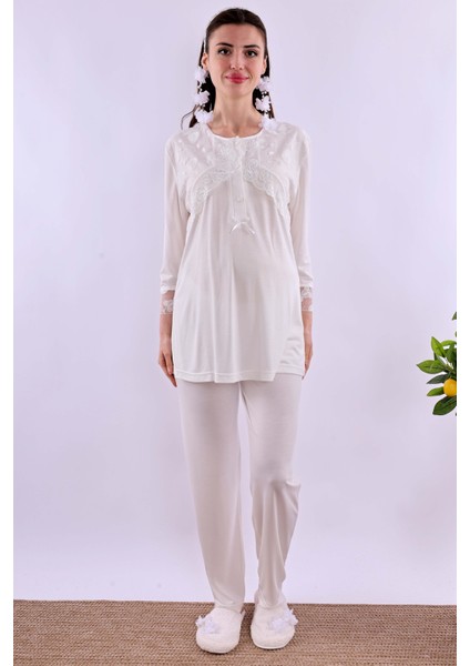 Ekru Dantelli Sabahlık Pijama Takımı BYL211252