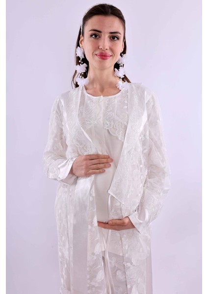 Ekru Dantelli Sabahlık Pijama Takımı BYL211252