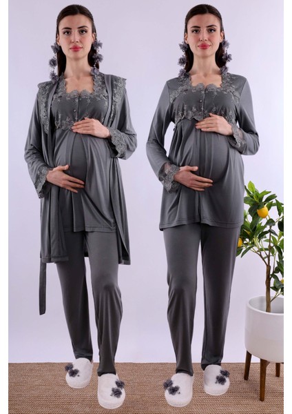 Kahverengi Sabahlıklı Hamile Lohusa Pijama Takımı BYL224012