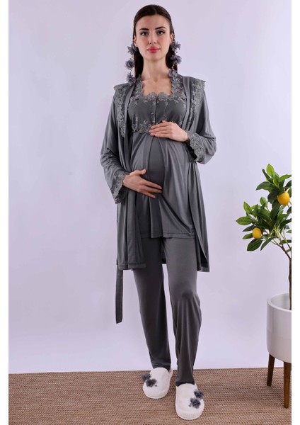 Kahverengi Sabahlıklı Hamile Lohusa Pijama Takımı BYL224012 fiyatları