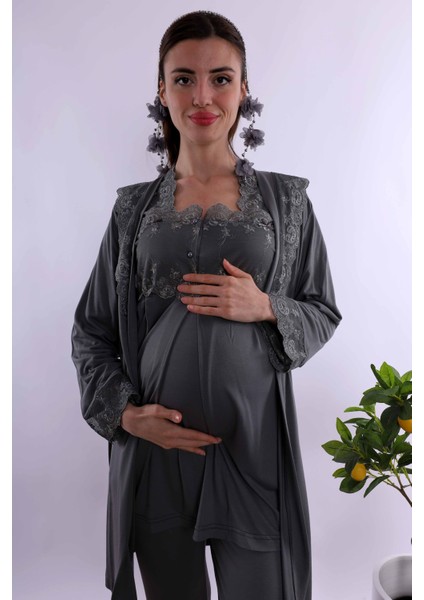 Kahverengi Sabahlıklı Hamile Lohusa Pijama Takımı BYL224012 indirimleri