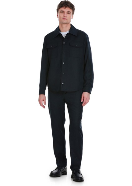 Lacivert Slim Fit Mono Yaka Casual Overshirt Takım