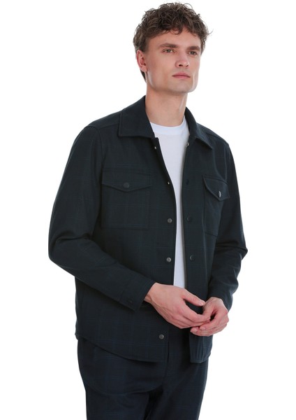 Lacivert Slim Fit Kareli Mono Yaka Overshirt Takım