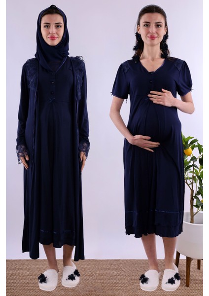 Lacivert Tesettürlü Sabahlıklı Hamile Lohusa Gecelik Takım BYL2T80252