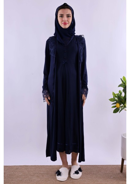 Lacivert Tesettürlü Sabahlıklı Hamile Lohusa Gecelik Takım BYL2T80252 fiyatları