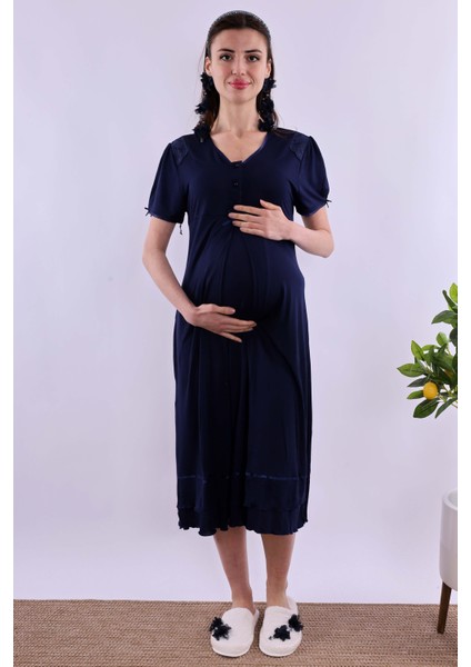Lacivert Tesettürlü Sabahlıklı Hamile Lohusa Gecelik Takım BYL2T80252 fırsatları