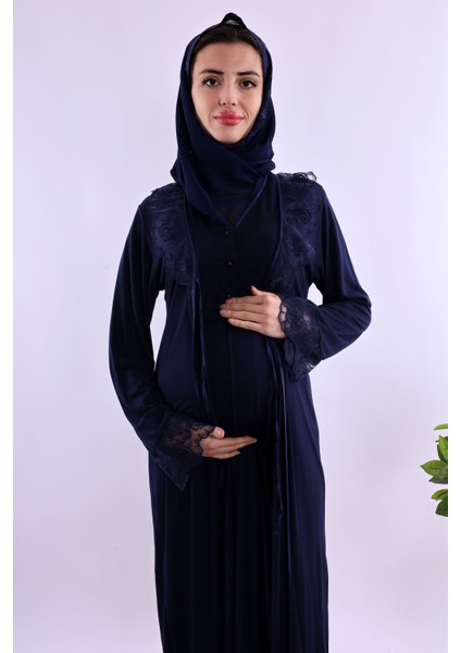 Lacivert Tesettürlü Sabahlıklı Hamile Lohusa Gecelik Takım BYL2T80252 indirimleri