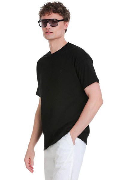 Siyah Regular Fit 100% Pamuk Bisiklet Yaka Oversize Tişört
