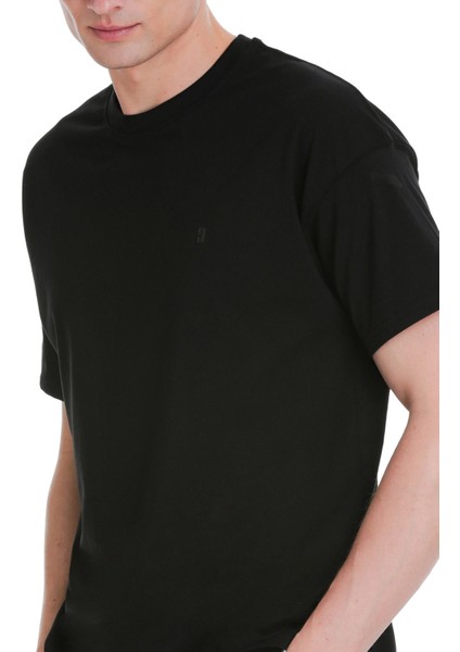 Siyah Regular Fit 100% Pamuk Bisiklet Yaka Oversize Tişört