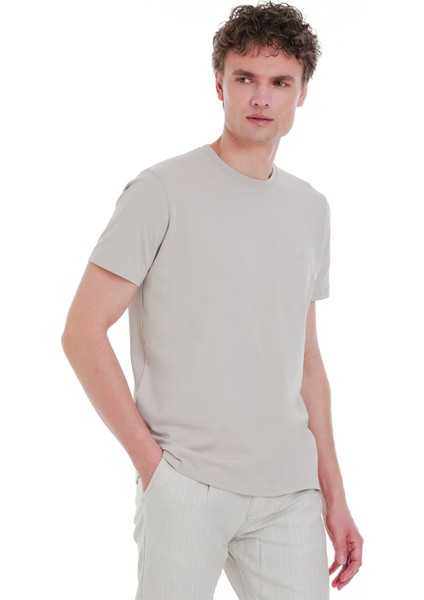 Ekru Regular Fit Bisiklet Yaka Pamuklu Tişört