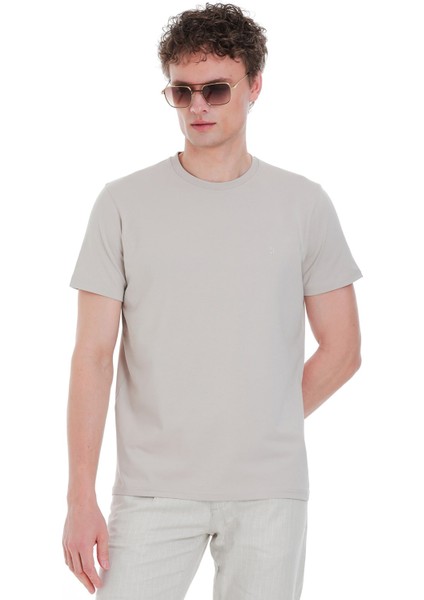 Ekru Regular Fit Bisiklet Yaka Pamuklu Tişört
