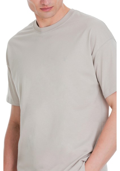 Ekru Regular Fit 100% Pamuk Bisiklet Yaka Oversize Tişört