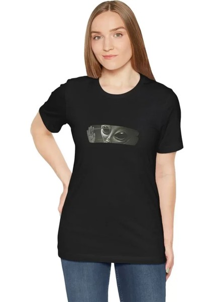Unisex Bisiklet Yaka Baskılı T-Shirt - Siyah