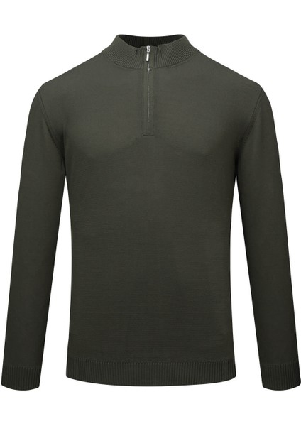 Haki Regular Fit Fermuarlı Yarım Balıkçı Yaka Kazak