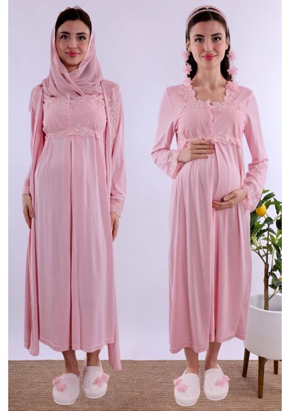Pembe Tesettürlü Sabahlıklı Hamile Lohusa Gecelik Takım BYL2T24022