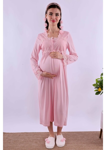 Pembe Tesettürlü Sabahlıklı Hamile Lohusa Gecelik Takım BYL2T24022 fırsatları