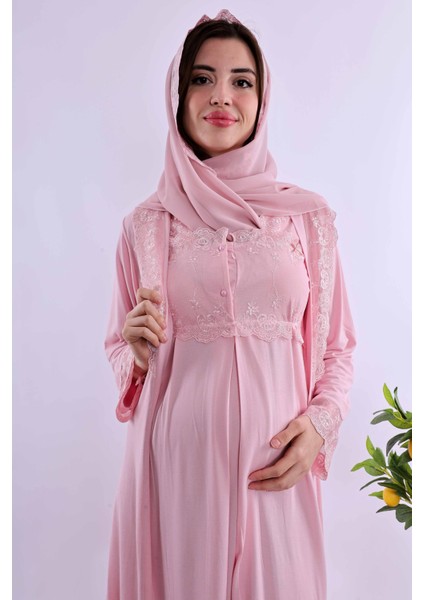 Pembe Tesettürlü Sabahlıklı Hamile Lohusa Gecelik Takım BYL2T24022 indirimleri