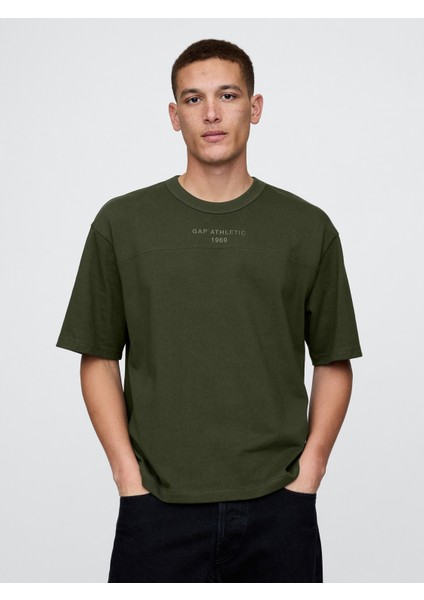 Erkek Haki Oversized Athletic Logo T-Shirt