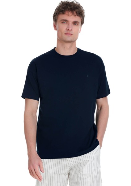 Lacivert Regular Fit 100% Pamuk Bisiklet Yaka Oversize Tişört