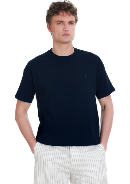 Lacivert Regular Fit 100% Pamuk Bisiklet Yaka Oversize Tişört