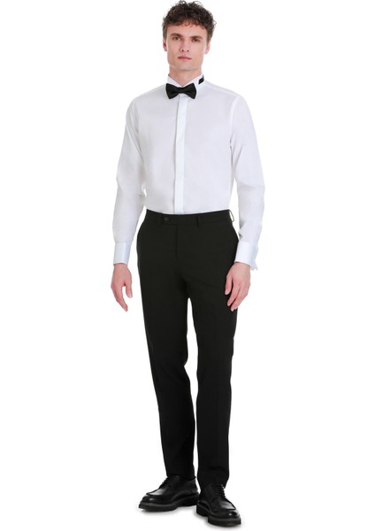 Beyaz Comfort Fit 100% Pamuk Devrik Manşet Yaka Uzun Kollu Klasik Saten Gömlek