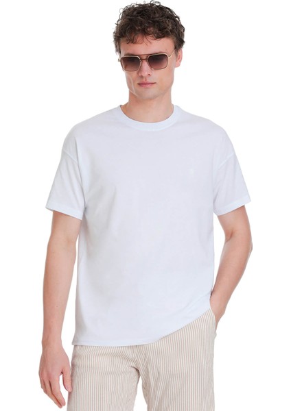 Beyaz Regular Fit 100% Pamuk Bisiklet Yaka Oversize Tişört