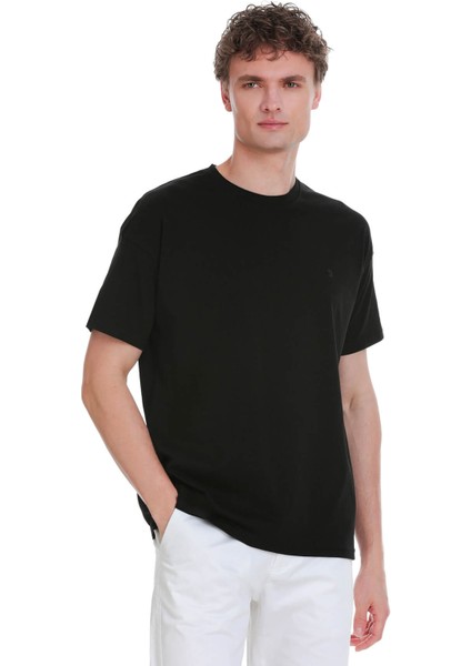 Siyah Regular Fit 100% Pamuk Bisiklet Yaka Oversize Tişört