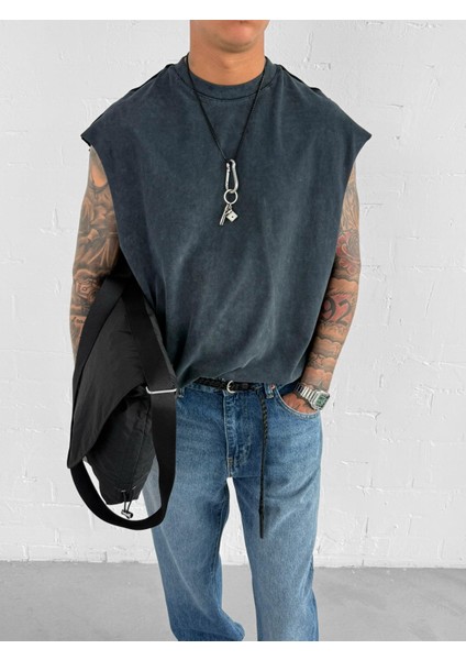 Erkek Oversize Yıkamalı Kolsuz T-Shirt Siyah