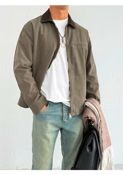 Erkek Kontrast Yakalı Regular Fit Denim Ceket Yeşil