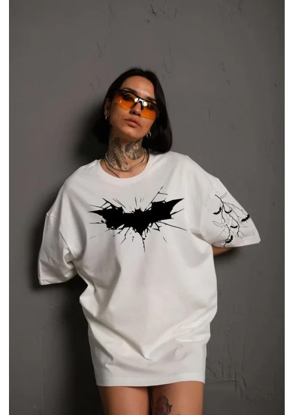 Unisex Ön ve Kol Baskılı Oversize T-Shirt - Beyaz