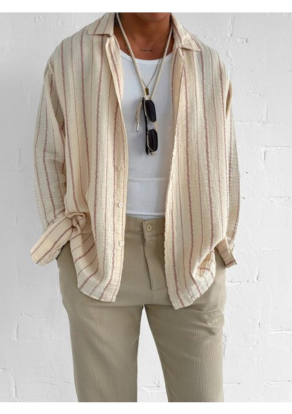 Erkek Oversize Pamuklu Yumuşak Dokulu Çizgili Gömlek Kırmızı Bej