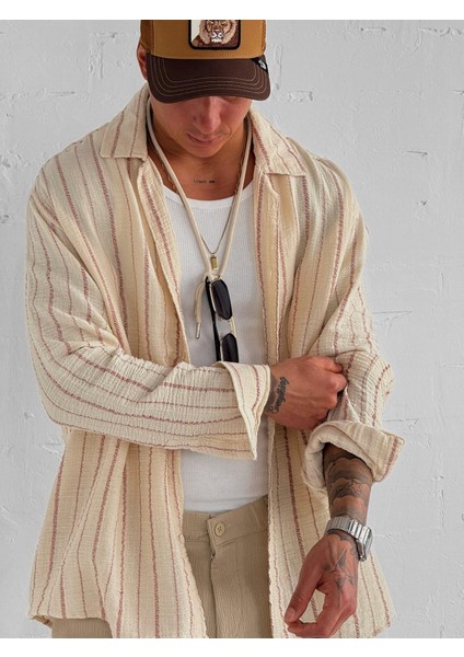 Erkek Oversize Pamuklu Yumuşak Dokulu Çizgili Gömlek Kırmızı Bej fiyatları