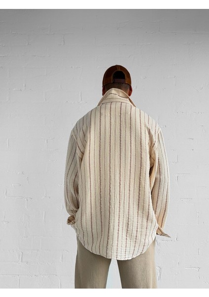 Erkek Oversize Pamuklu Yumuşak Dokulu Çizgili Gömlek Kırmızı Bej fırsatları