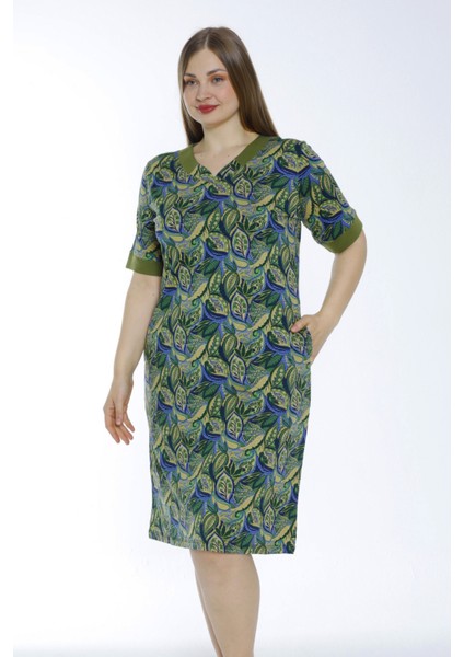 Desenli Büyük Beden Pamuklu Kısa Kollu Cepli Elbise