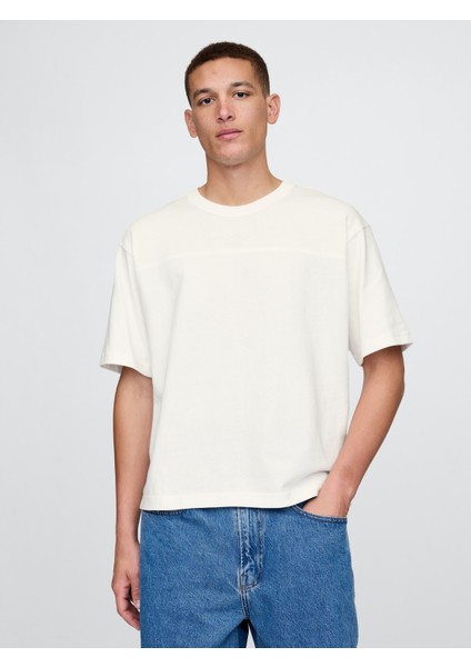 Erkek Kırık Beyaz Oversized Athletic Logo T-Shirt