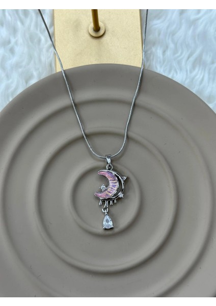 Çelik Ay Detaylı Silver Kolye