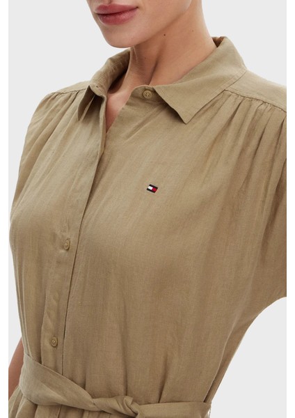 Logolu % 100 Keten Regular Fit Kemerli Gömlek Elbise Bayan Gömlek Elbise WW0WW44653 Aeh