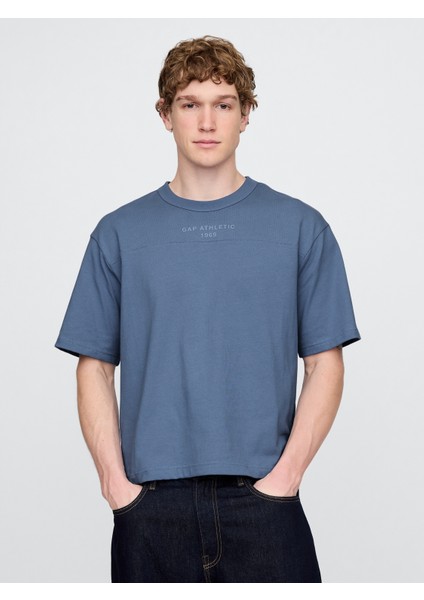 Erkek Mavi Oversized Athletic Logo T-Shirt