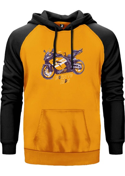 Born To Ride Sarı Renk Reglan Kol Kapşonlu Sweatshirt