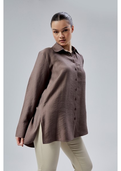 Kahverengi Yırtmaç Detaylı Oversize Gömlek indirimleri