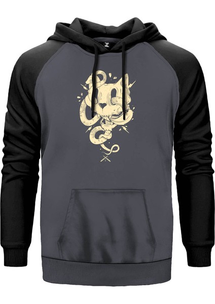 Cat Skull Gri Renk Reglan Kol Kapşonlu Sweatshirt