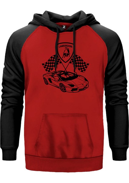 Lamborghini For Racing Kırmızı Renk Reglan Kol Kapşonlu Sweatshirt