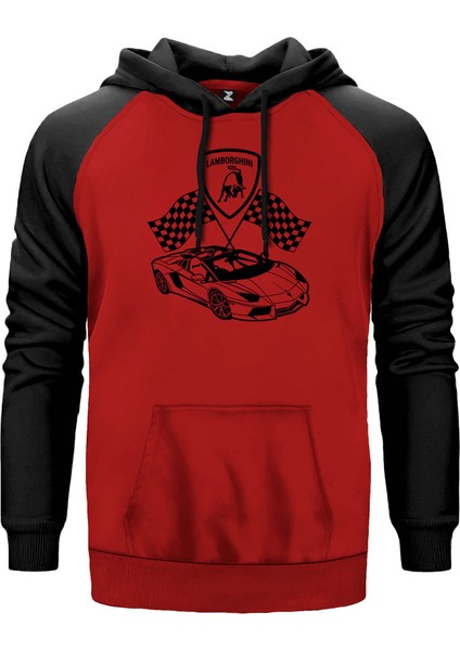 Lamborghini For Racing Kırmızı Renk Reglan Kol Kapşonlu Sweatshirt