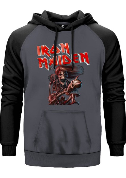 Iron Maiden Skull Gri Renk Reglan Kol Kapşonlu Sweatshirt