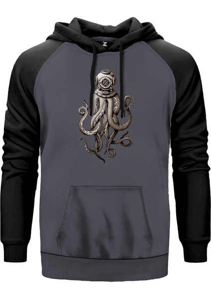 Diver Octopus Gri Renk Reglan Kol Kapşonlu Sweatshirt