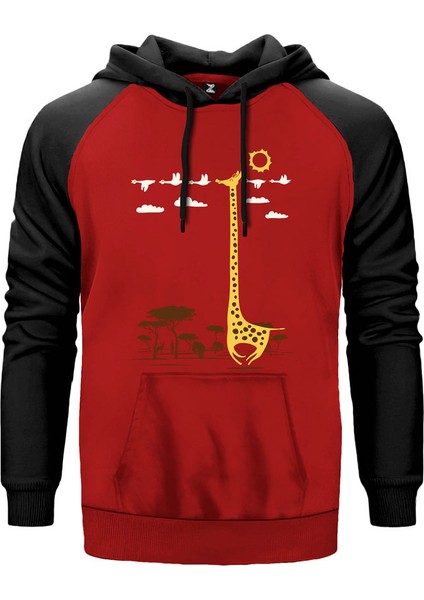 Zürafa Mutlu Kırmızı Renk Reglan Kol Kapşonlu Sweatshirt