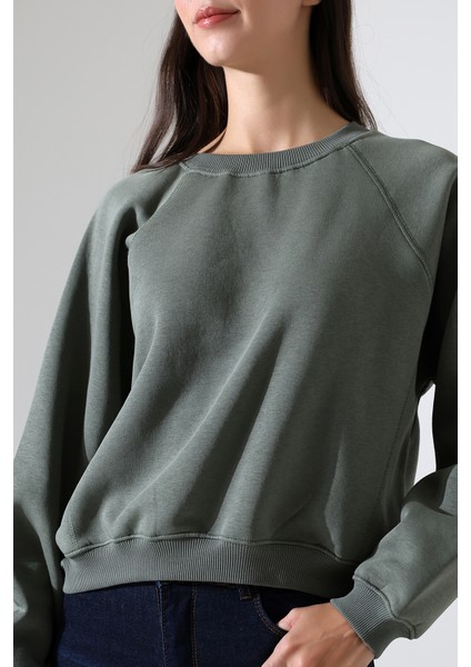 Geniş Bisiklet Yaka Şardonlu Karyokalı Geniş Reglan Kol Basic Kadın Sweatshirt 21973 Haki modelleri