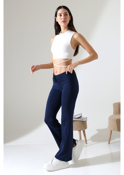 Ispanyol Paça Jarse Kadın Eşofman Pantolon - Paçası Geniş Yoga Pantolonu 21943 Lacivert